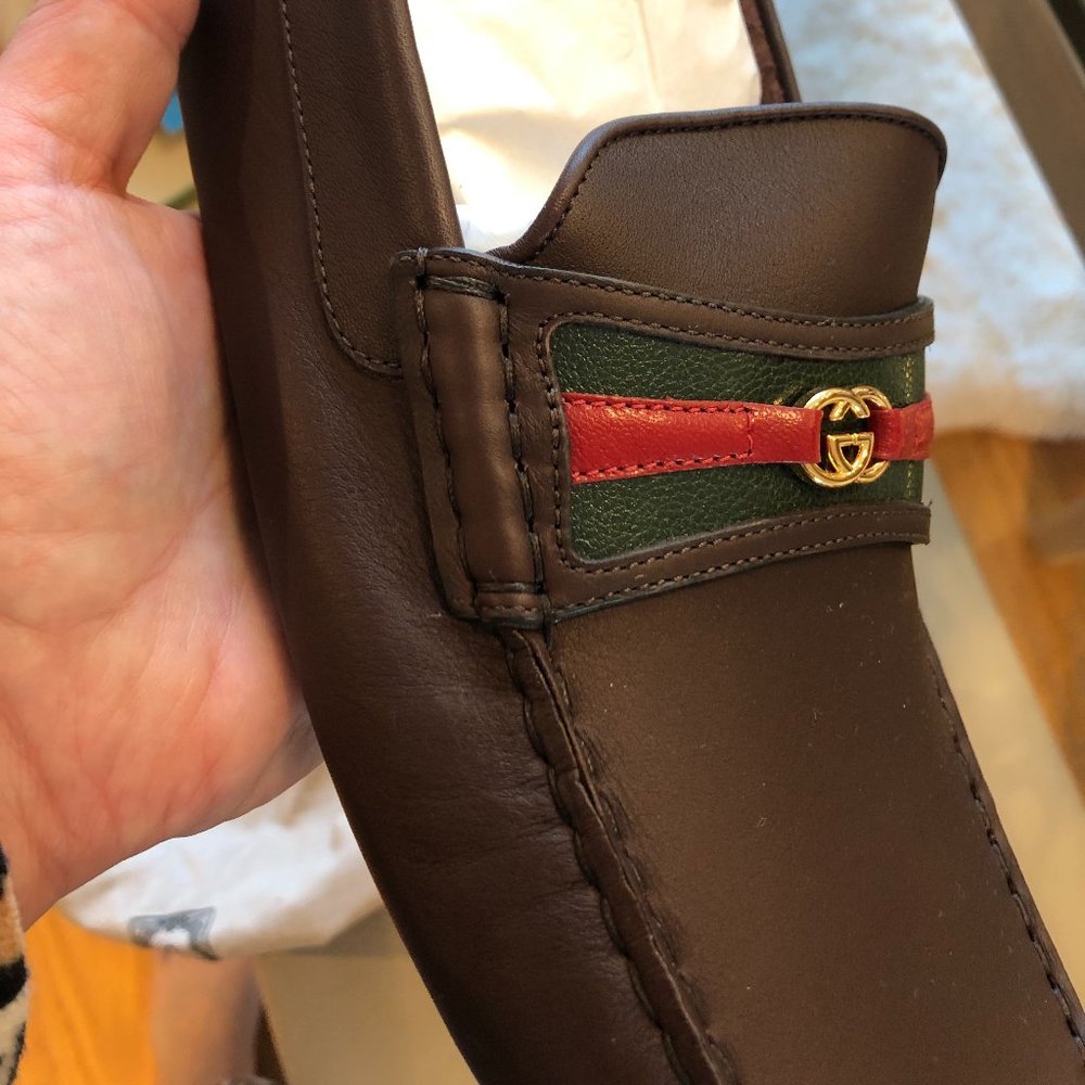 Gucci Web and Interlocking GG Driver Loafers in Brown NEW IN BOX WITH SHOE BAG